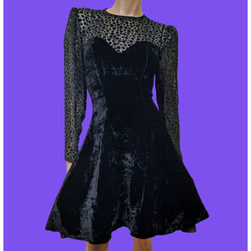 Vintage 80s Black Crushed Velvet Dress Size XS Gothic Witchy Whimsigoth Cocktail